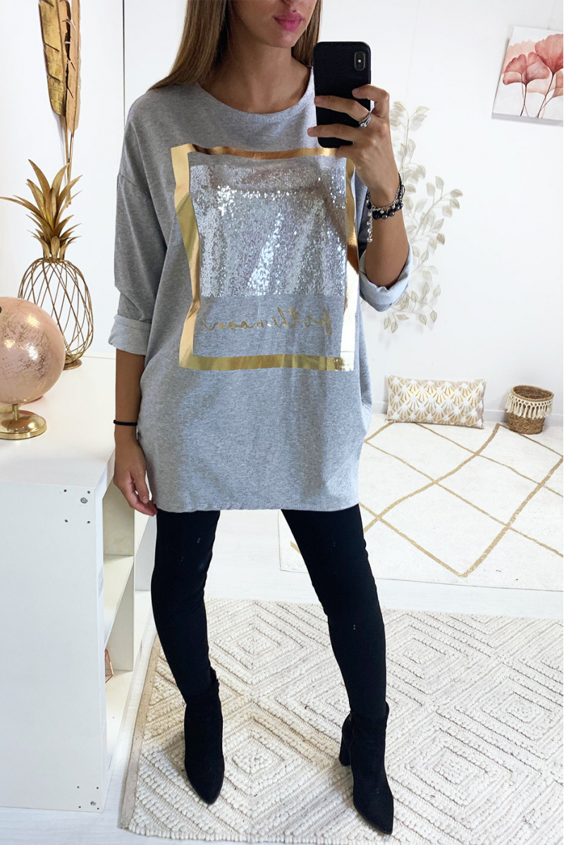 jolie sweat long gris avec dessins dorée et paillettes - 1
