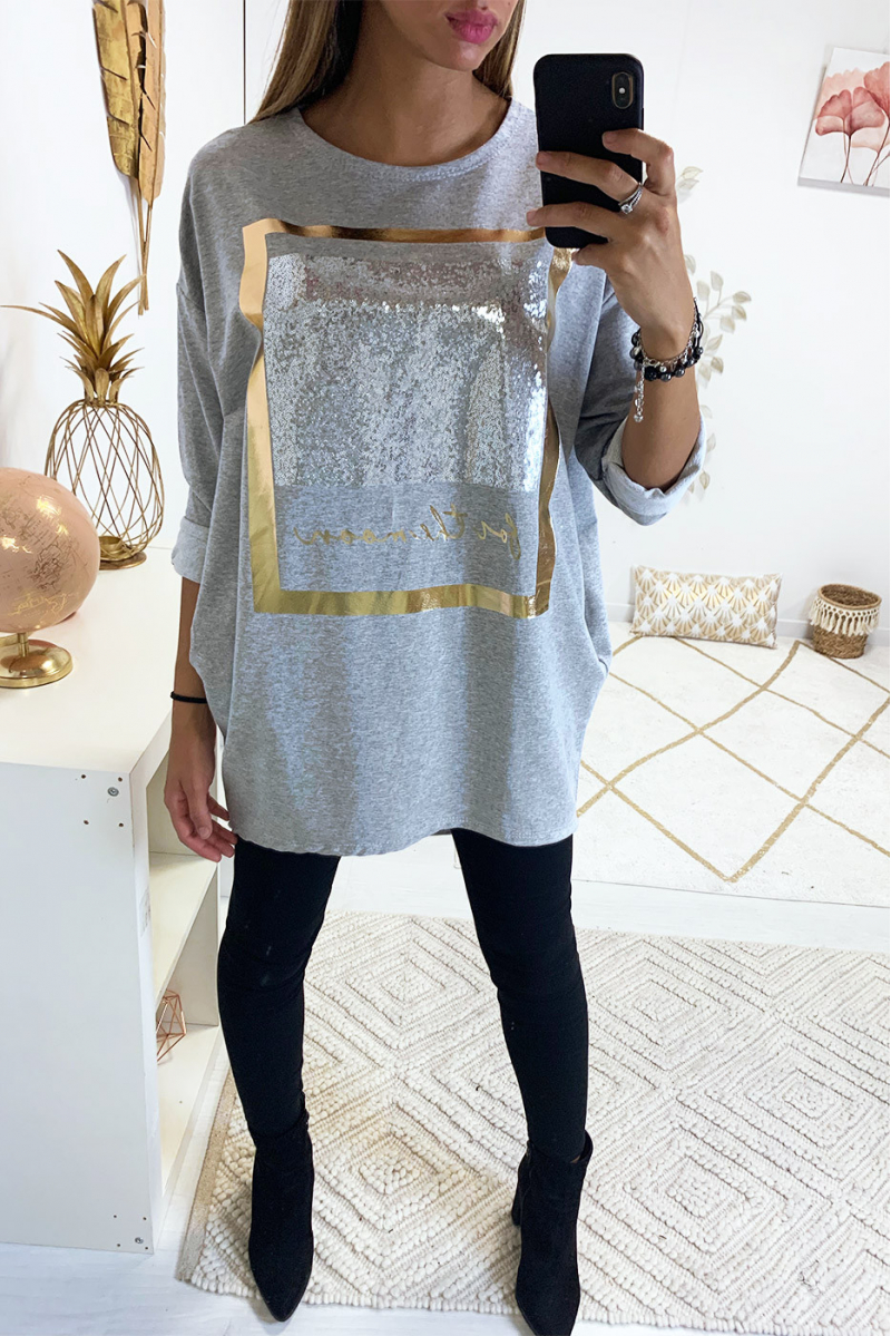 jolie sweat long gris avec dessins dorée et paillettes - 2
