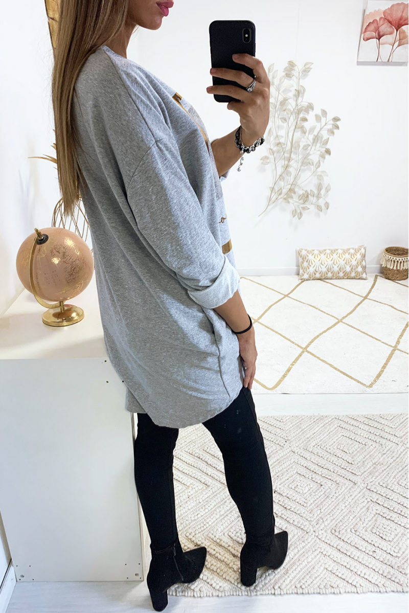 jolie sweat long gris avec dessins dorée et paillettes - 3