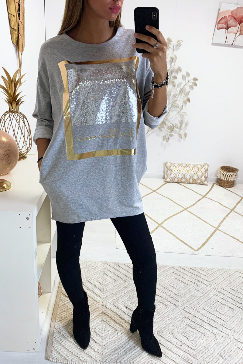 jolie sweat long gris avec dessins dorée et paillettes - 4