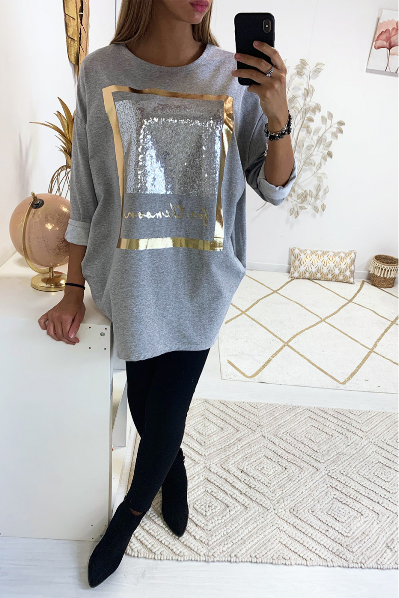 jolie sweat long gris avec dessins dorée et paillettes - 5