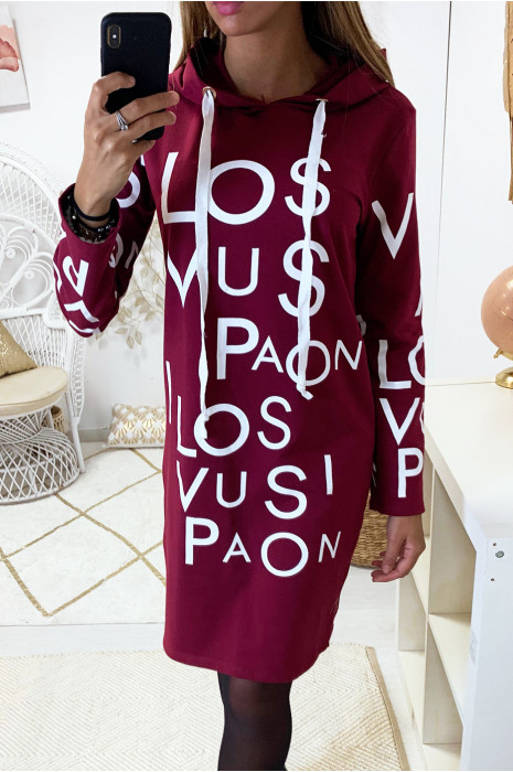 Long sweat à capuche bordeaux avec écriture devant - 2