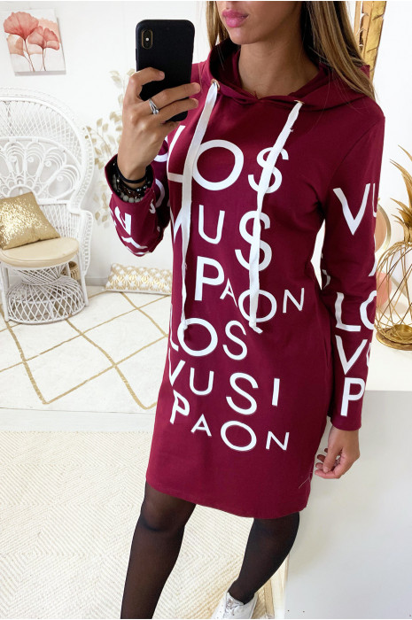 Long sweat à capuche bordeaux avec écriture devant - 3