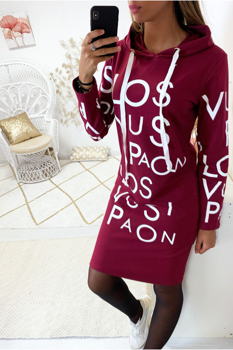 Long sweat à capuche bordeaux avec écriture devant - 5