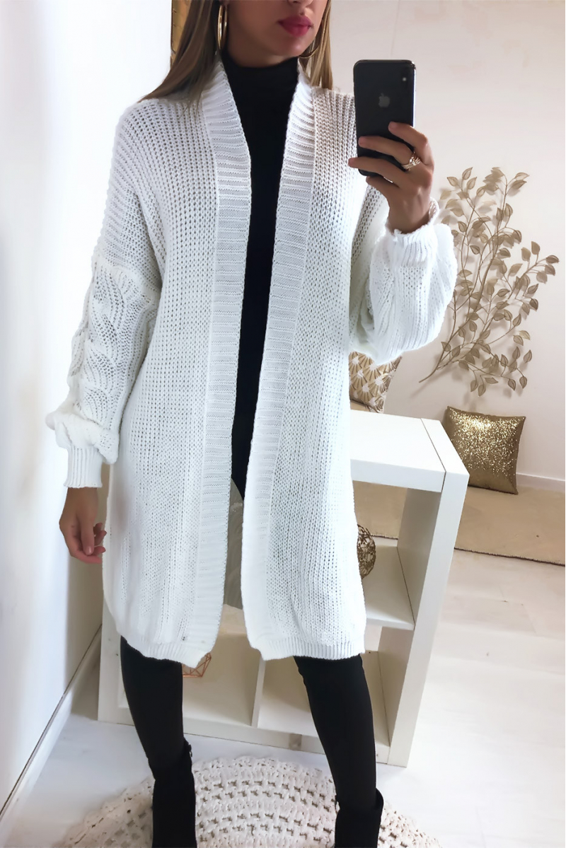 Magnifique gilet blanc tressé au dos et aux manches Magnifique gilet blanc tressé au dos et aux manches