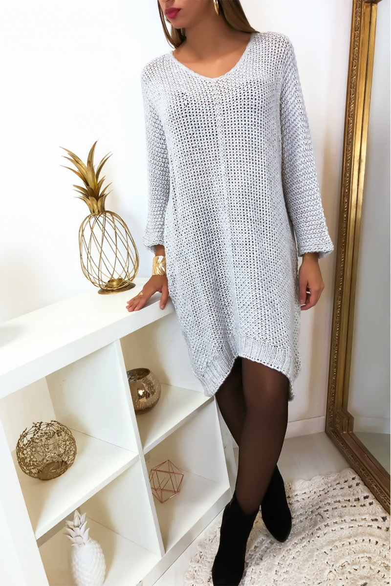 Magnifique robe tunique en maille gris coupe chauve souris