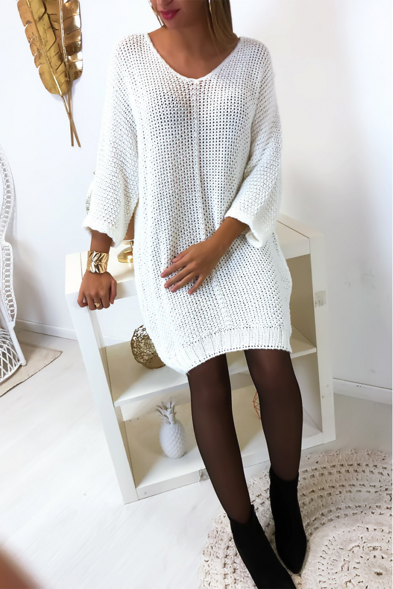 Magnifique robe tunique en maille blanc coupe chauve souris