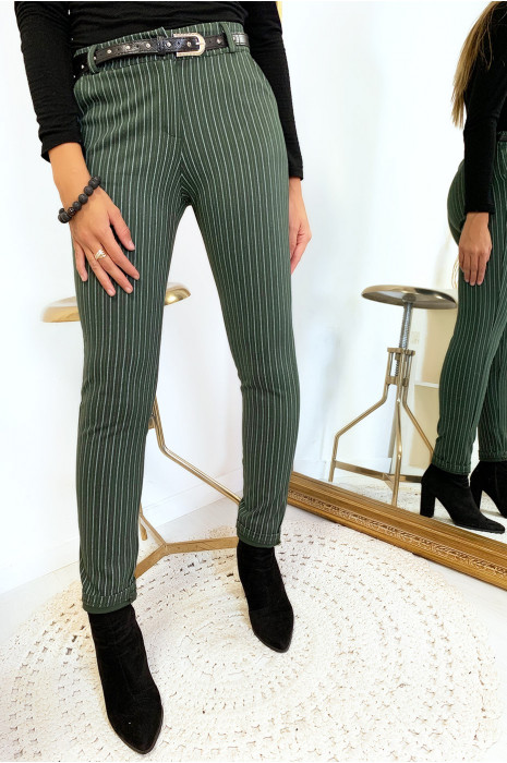 Pantalon slim kaki rayé avec poches et ceinture - 2