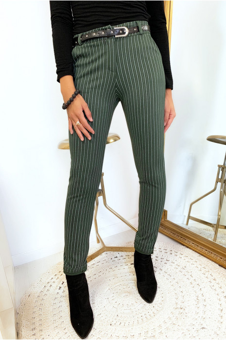 Pantalon slim kaki rayé avec poches et ceinture - 3