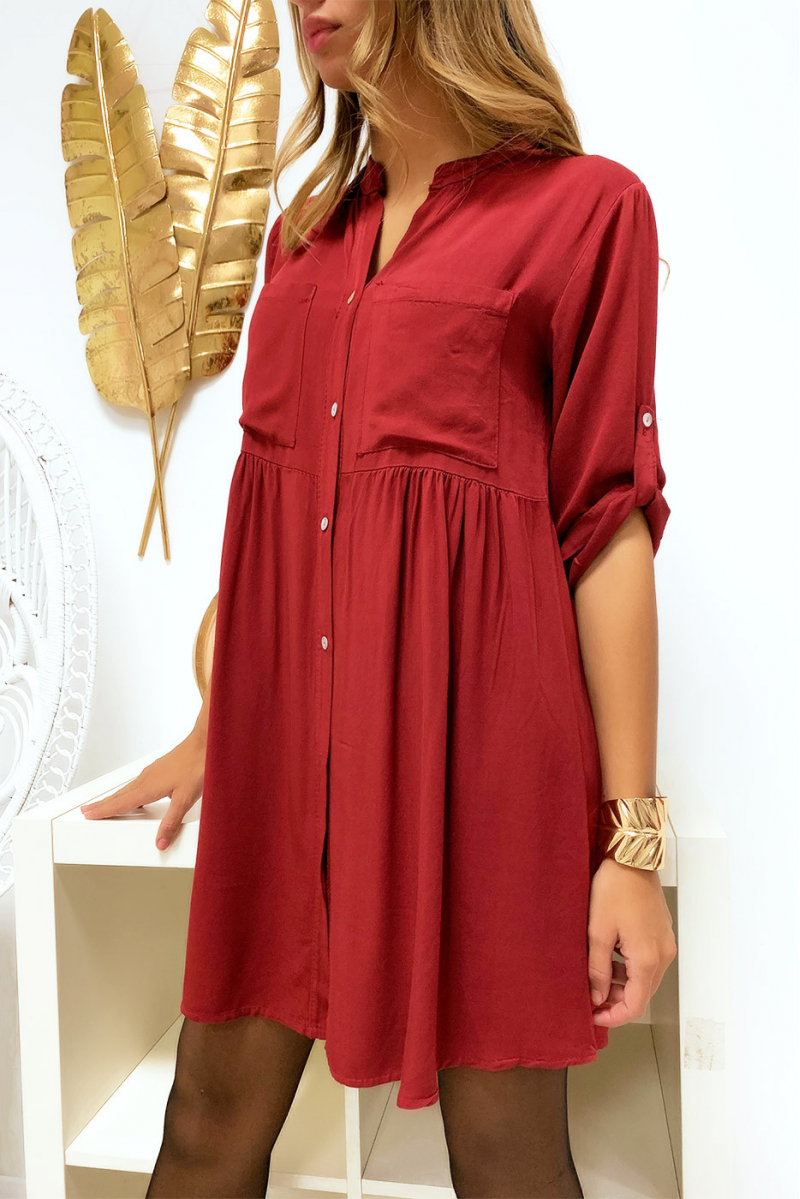 Magnifique robe tunique cognac boutonné avec poche et fronce à la taille