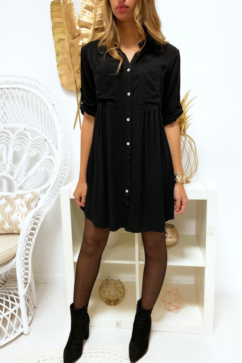 Magnifique robe tunique noir boutonné avec poche et fronce à la taille