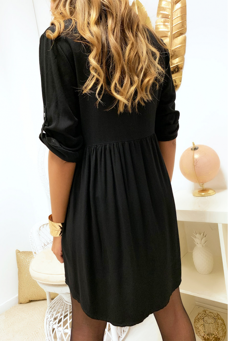 Magnifique robe tunique noir boutonné avec poche et fronce à la taille