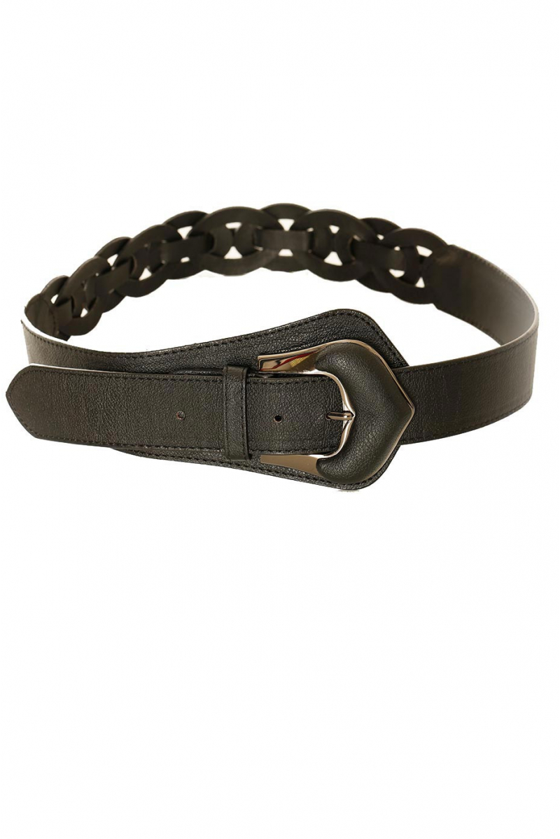Asymmetric black braided belt with silver buckle. BG-0517 - 1