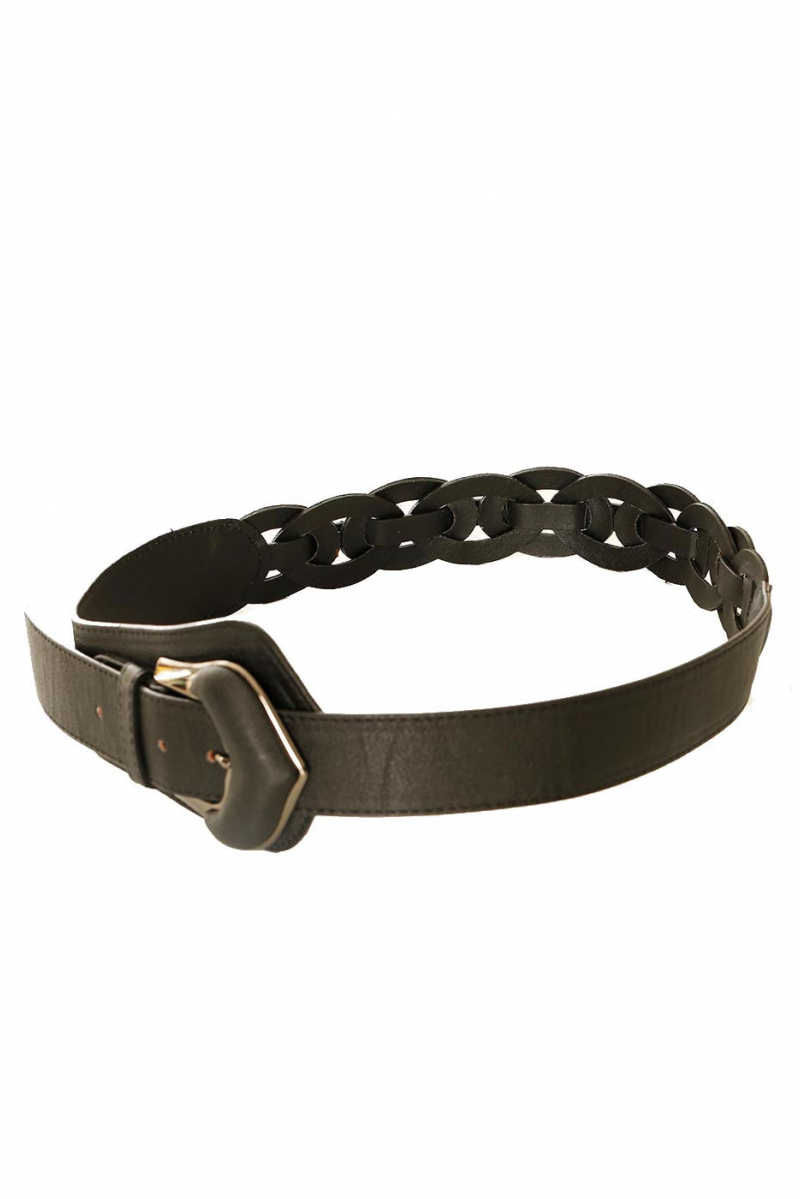 Asymmetric black braided belt with silver buckle. BG-0517 - 2