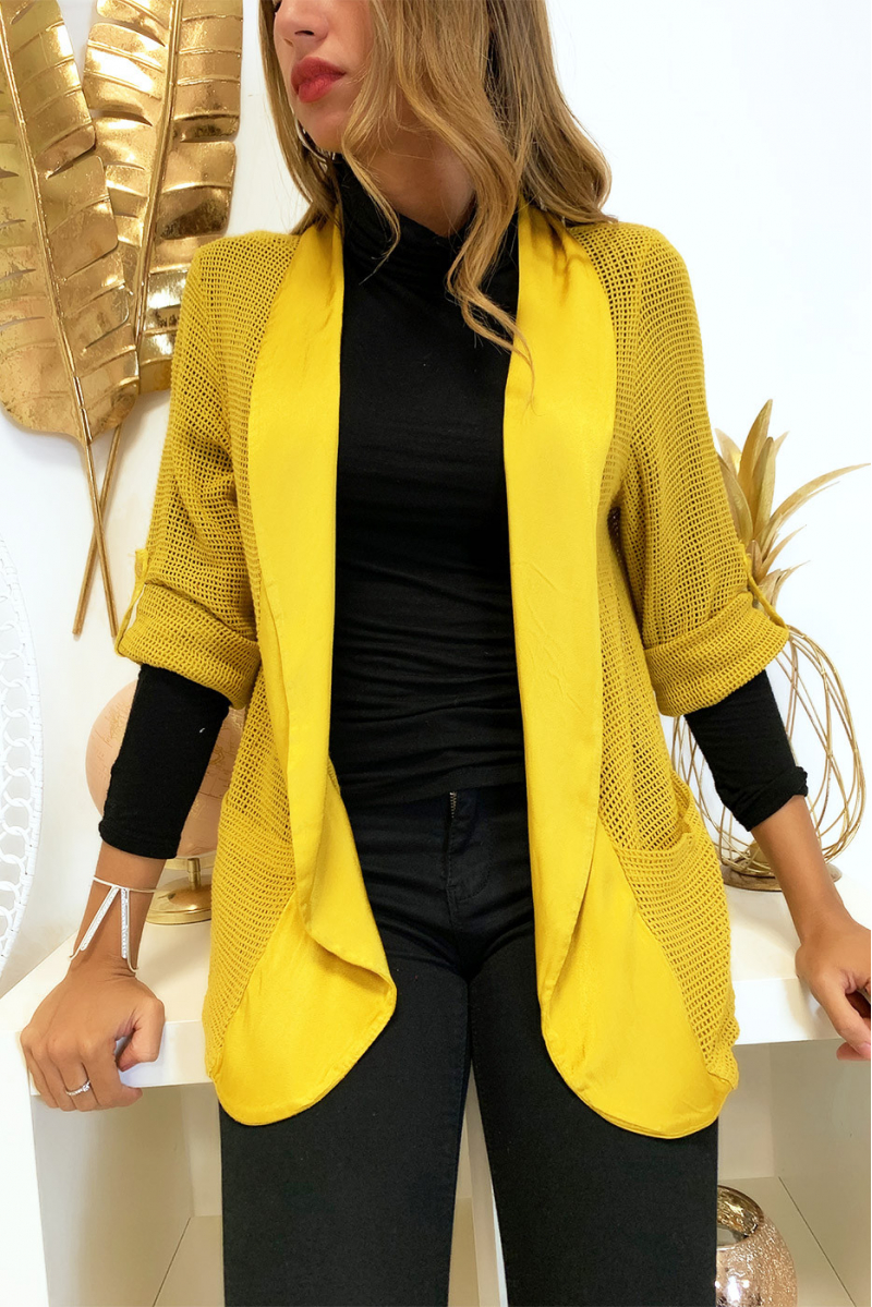 Jolie veste moutarde a manches retroussables avec col satin