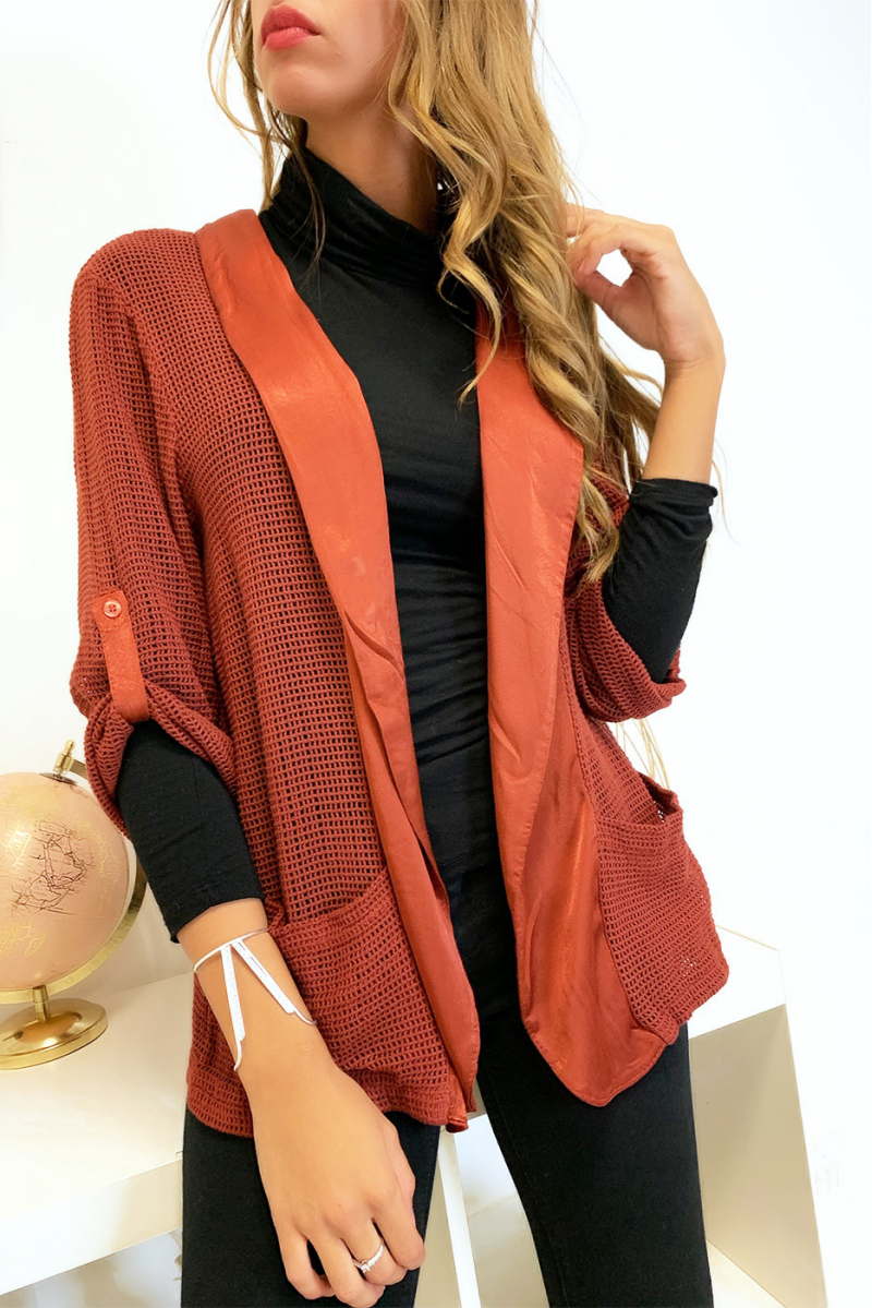 Jolie veste cognac a manches retroussables avec col satin Jolie veste cognac a manches retroussables avec col satin