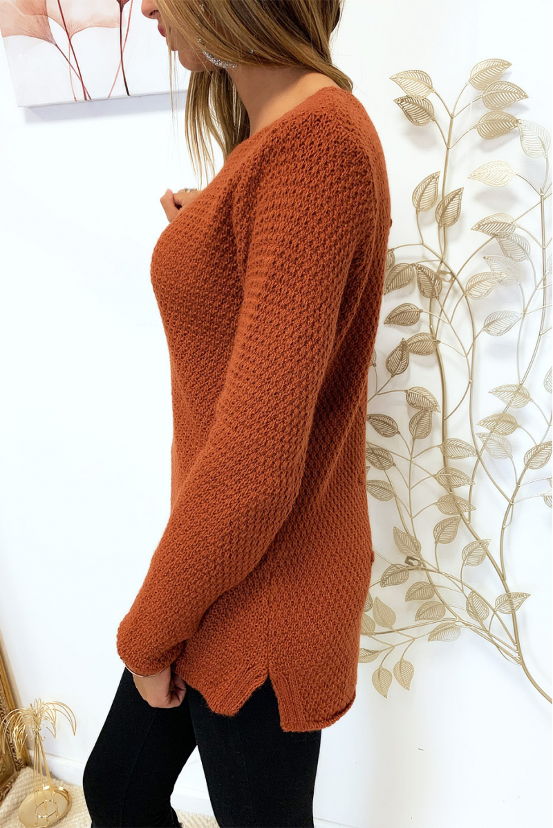 Joli pull cognac très fashion tressé à l'arrière - 3