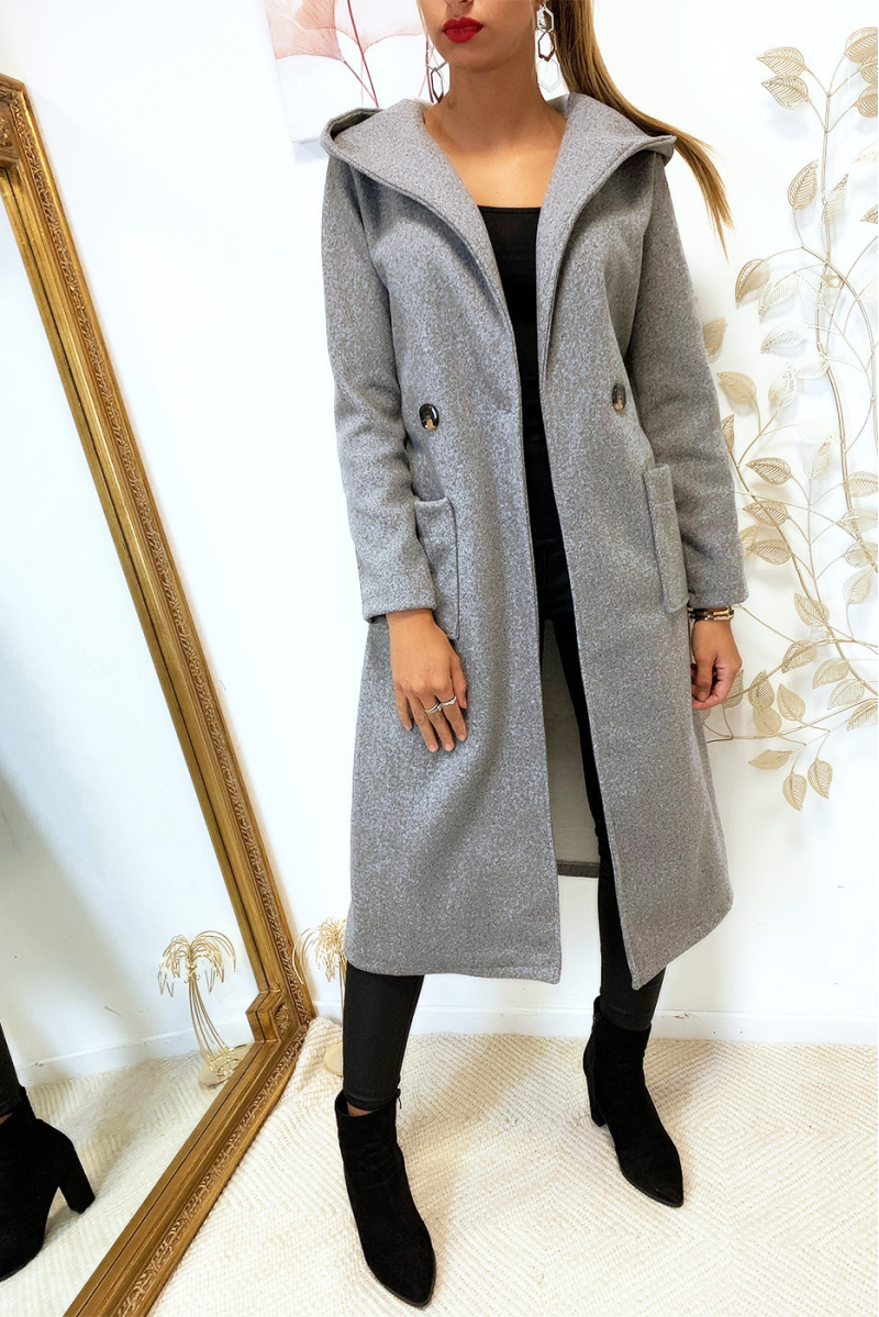 Magnifique manteau gris avec capuche, poches et ceinture Magnifique manteau gris avec capuche, poches et ceinture