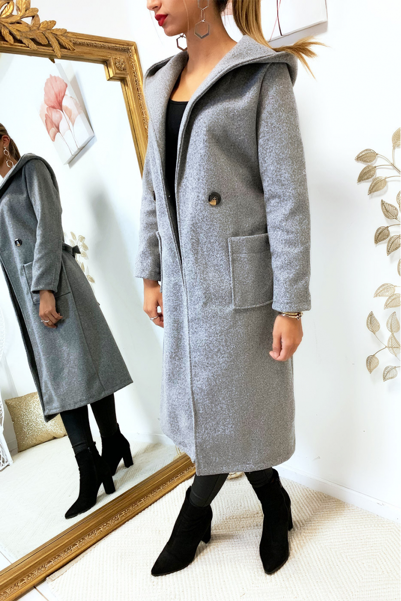 Magnifique manteau gris avec capuche, poches et ceinture