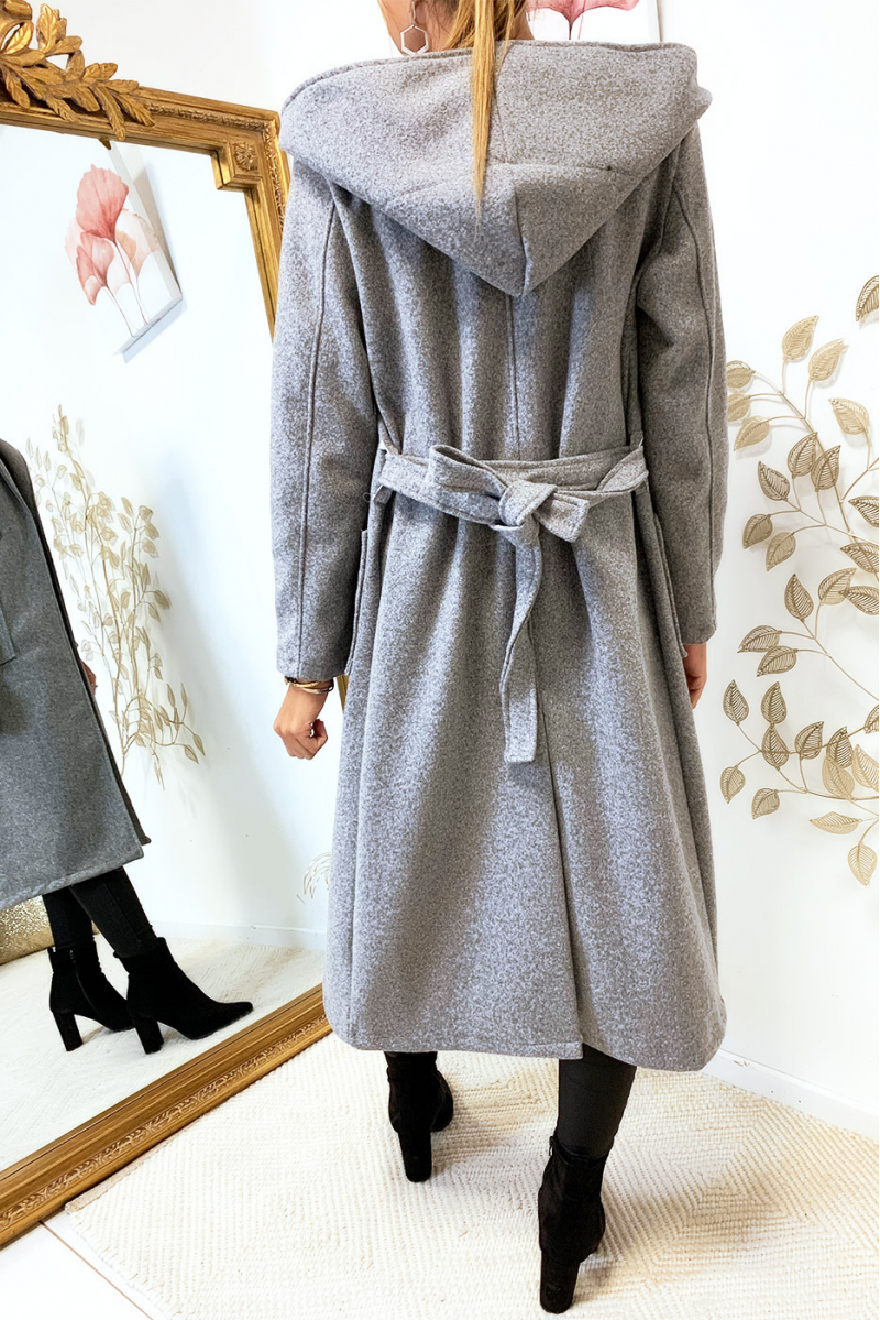 Magnifique manteau gris avec capuche, poches et ceinture