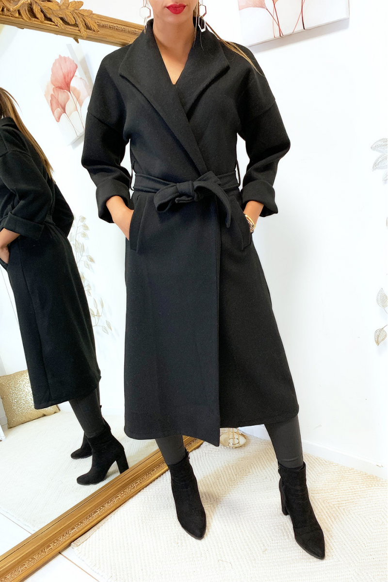 Magnifique manteau over size en noir croisé avec poches et ceinture