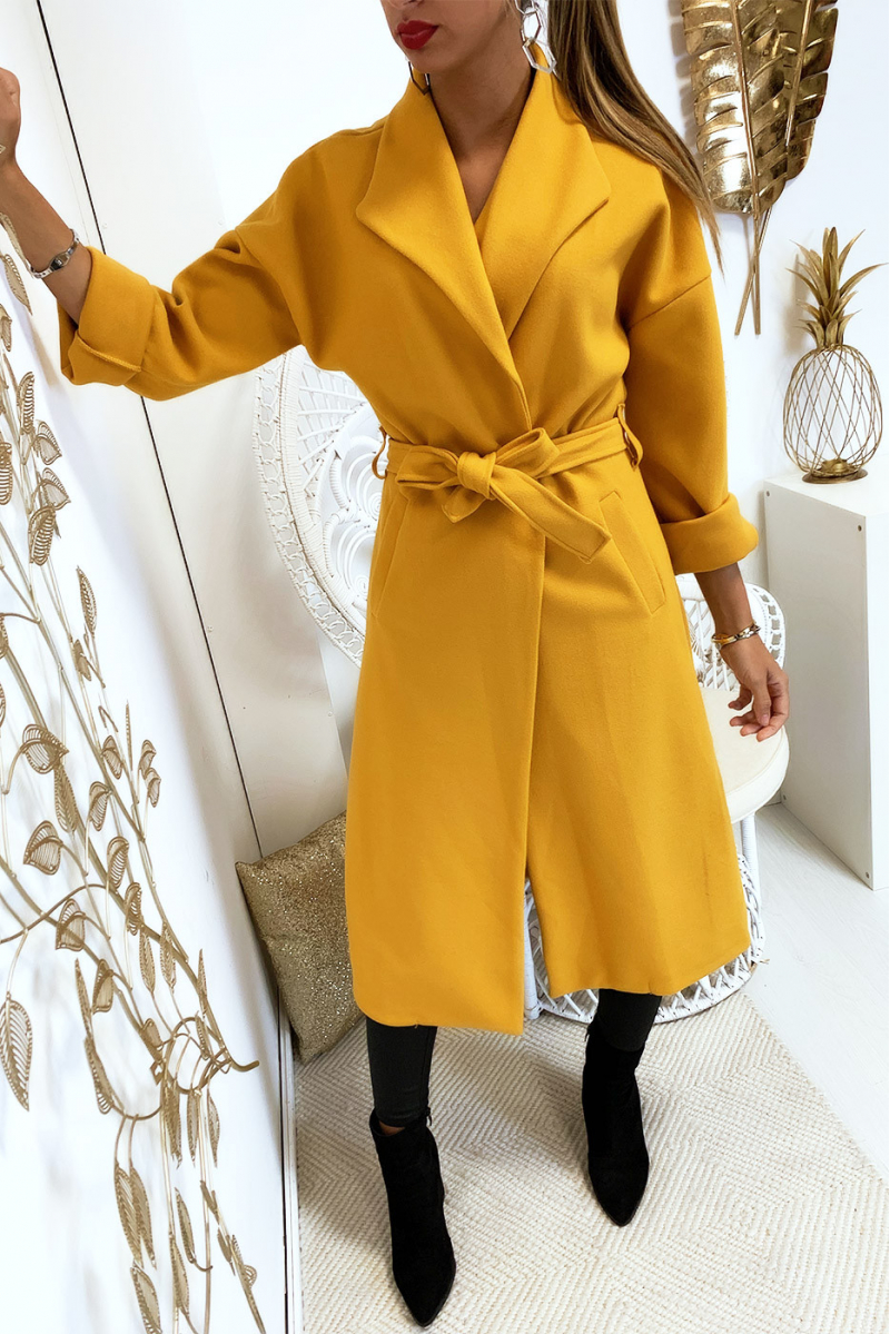 Magnifique manteau over size en moutarde croisé avec poches et ceinture