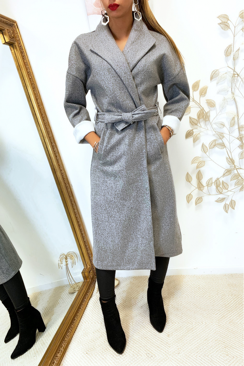 Magnifique manteau over size en gris croisé avec poches et ceinture