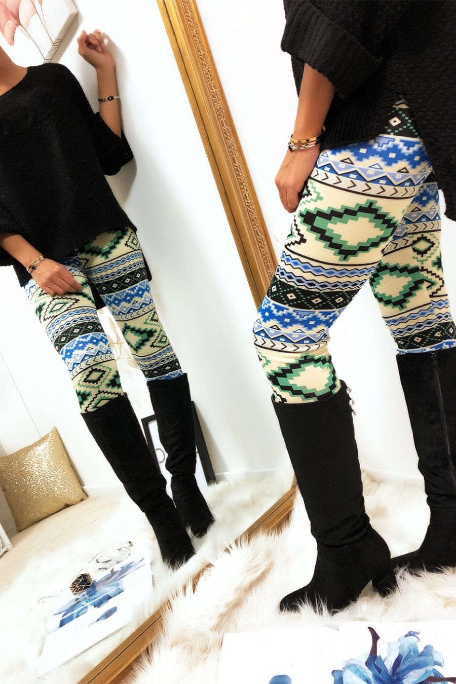 125-2 Beige Dominant Pattern Winter Leggings - 16