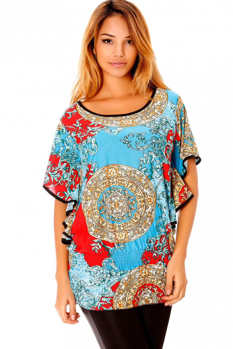 Light Blue tunic, with prints and elastic at the waist, very light to wear. Tendency. BS201261C - 1