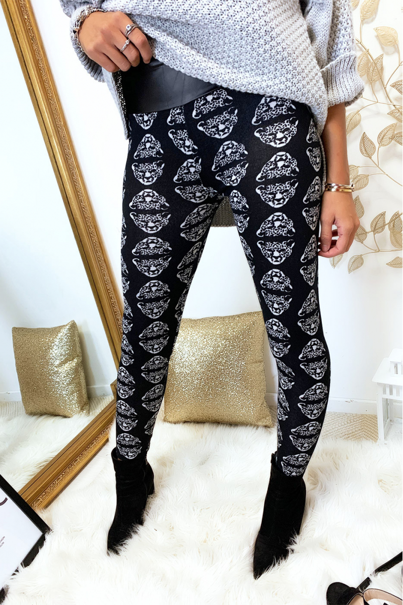 Black winter leggings with white panther head patterns. Fashion style. - 9