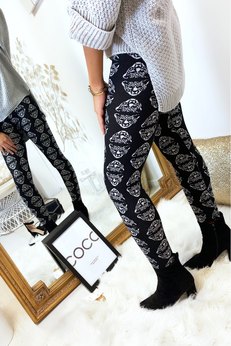 Black winter leggings with white panther head patterns. Fashion style. - 10