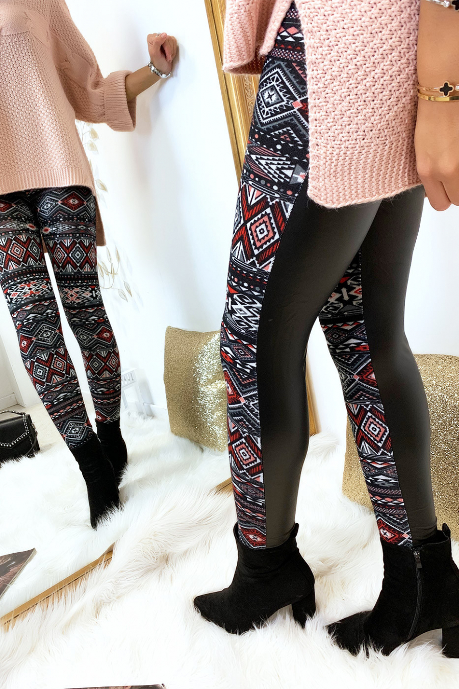 Winter leggings colored in Red and black, fantasy patterns and sky behind.  Fashion style. 148-1