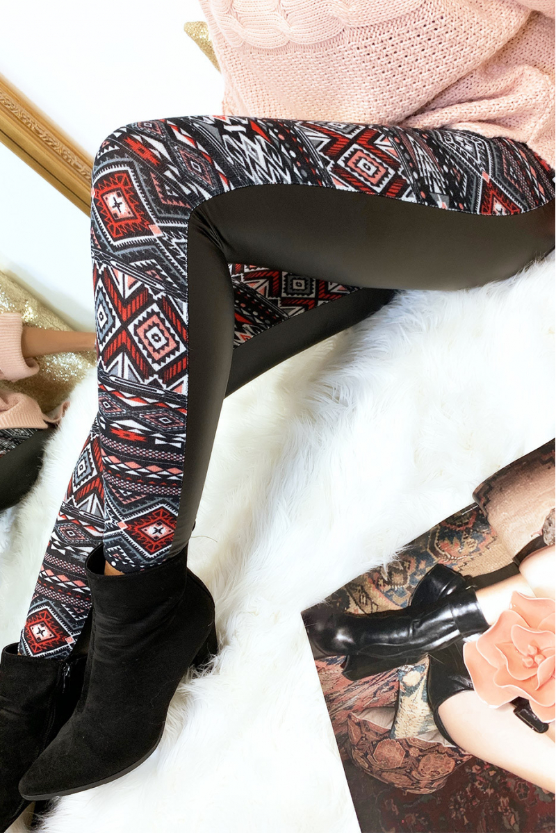 Winter leggings colored in Red and black, fantasy patterns and sky behind. Fashion style. 148-1 - 7