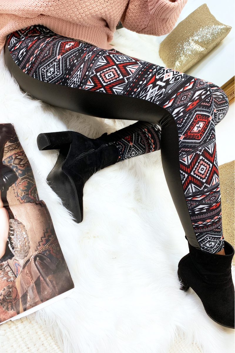 Winter leggings colored in Red and black, fantasy patterns and sky behind. Fashion style. 148-1 - 11