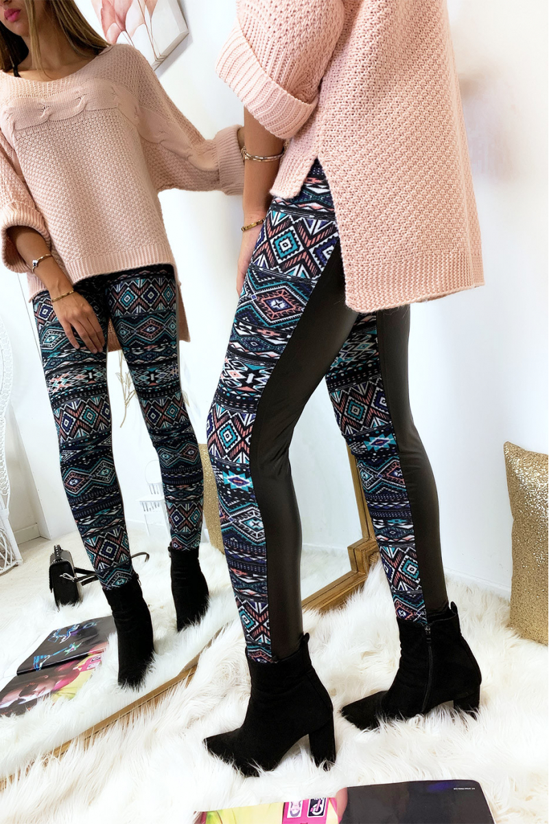 Colorful winter leggings in coral and black, fantasy patterns and sky behind. Fashion style. 148-2 - 9
