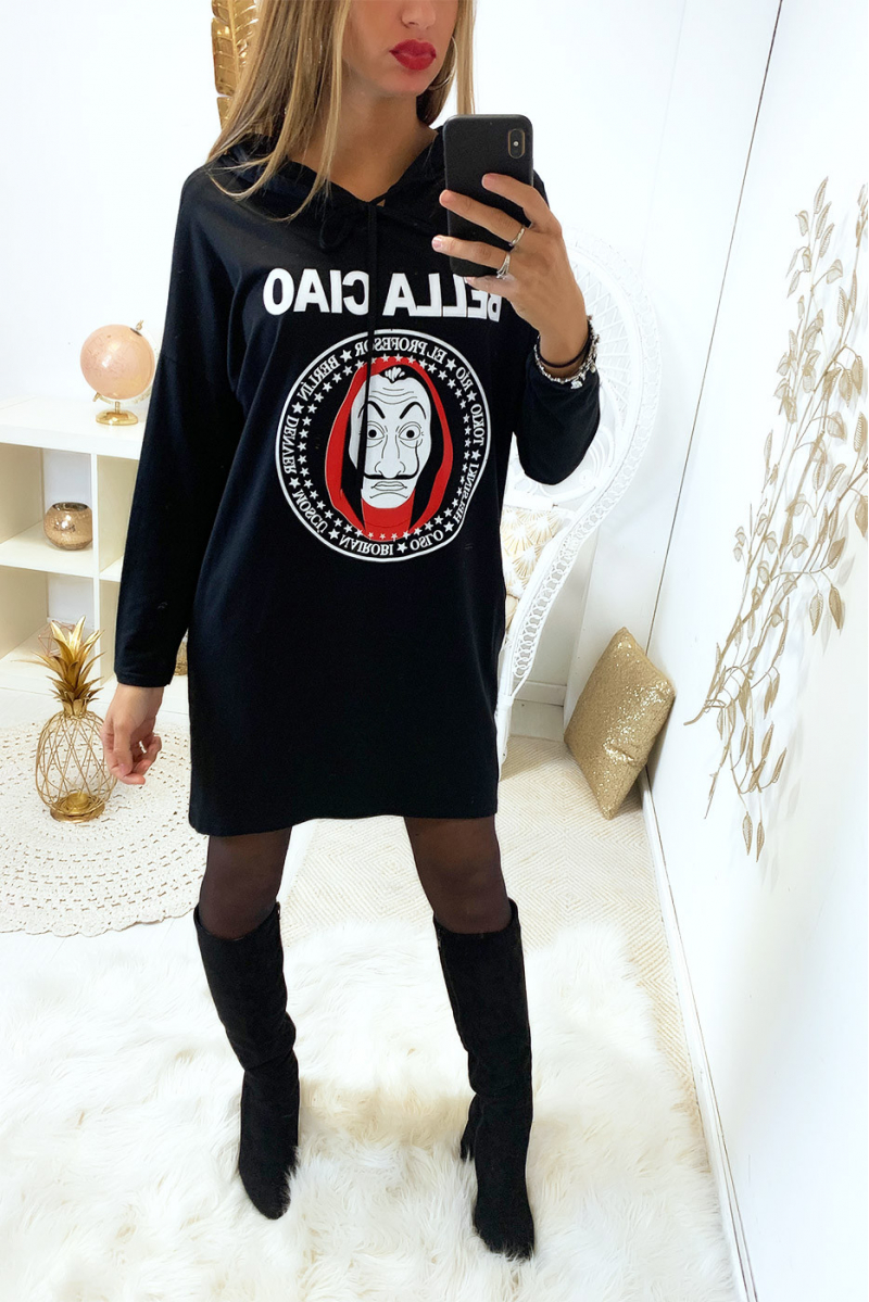 Superbe belle robe sweat noir "bella ciao" avec capuche et poches - 1