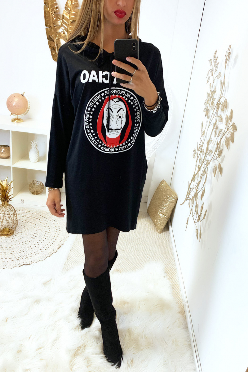 Superbe belle robe sweat noir "bella ciao" avec capuche et poches - 2