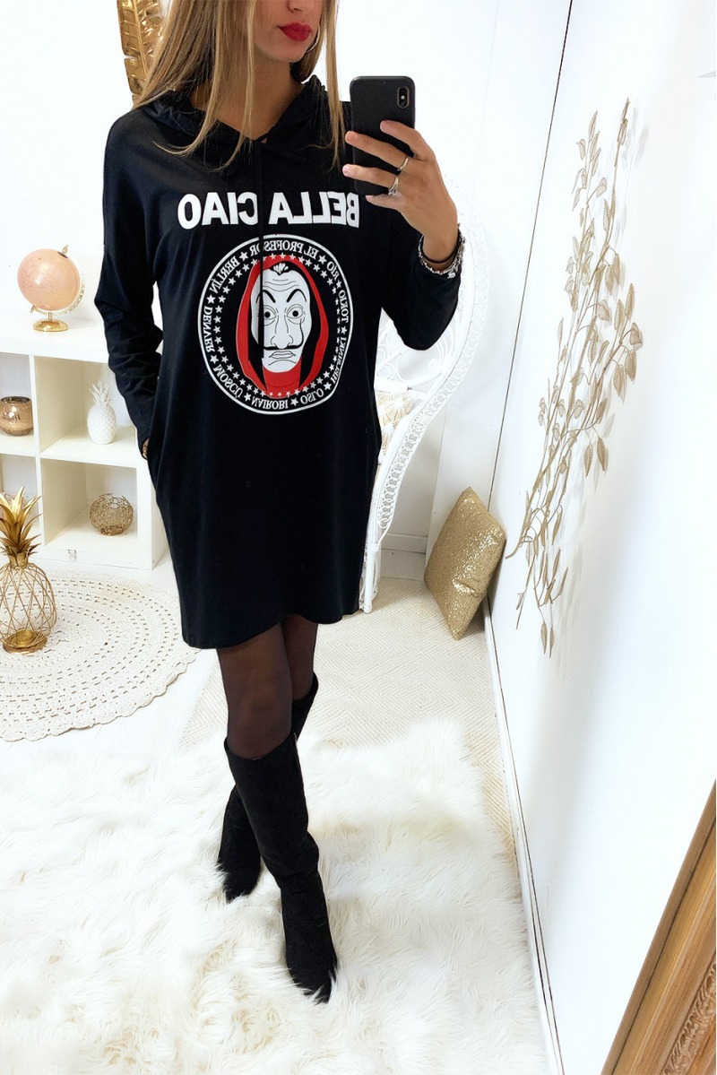 Superbe belle robe sweat noir "bella ciao" avec capuche et poches - 3