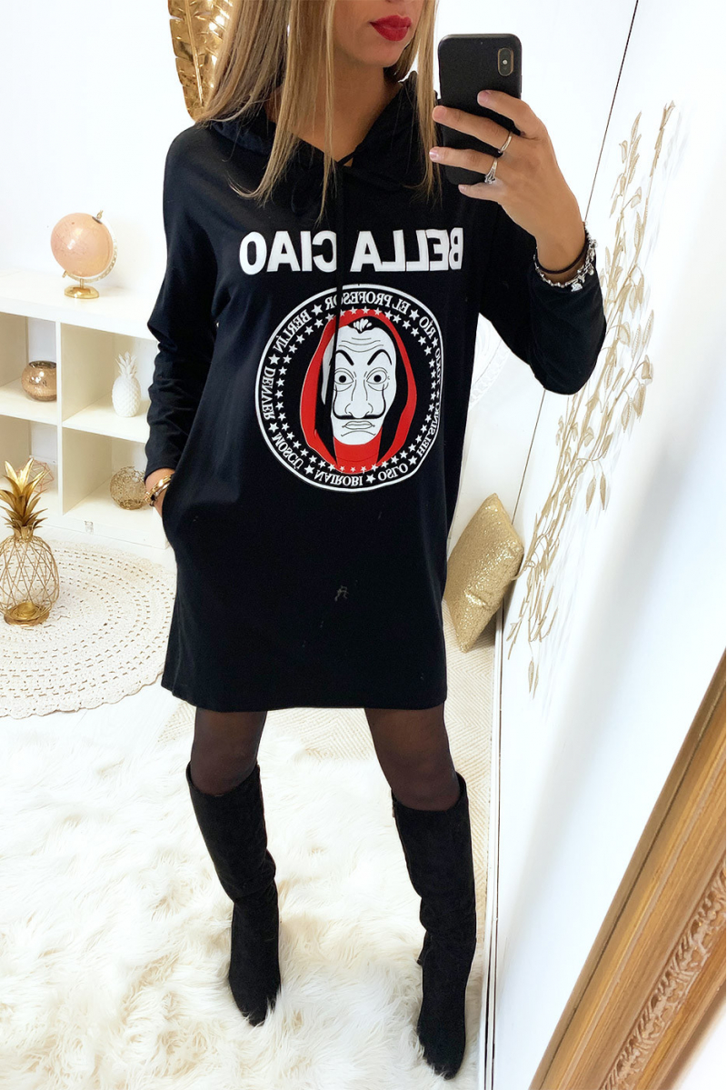 Superbe belle robe sweat noir "bella ciao" avec capuche et poches - 4
