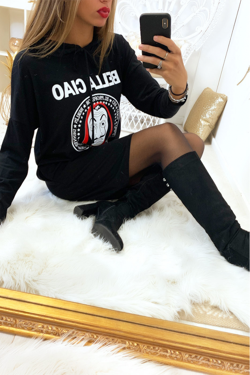 Superbe belle robe sweat noir "bella ciao" avec capuche et poches - 5