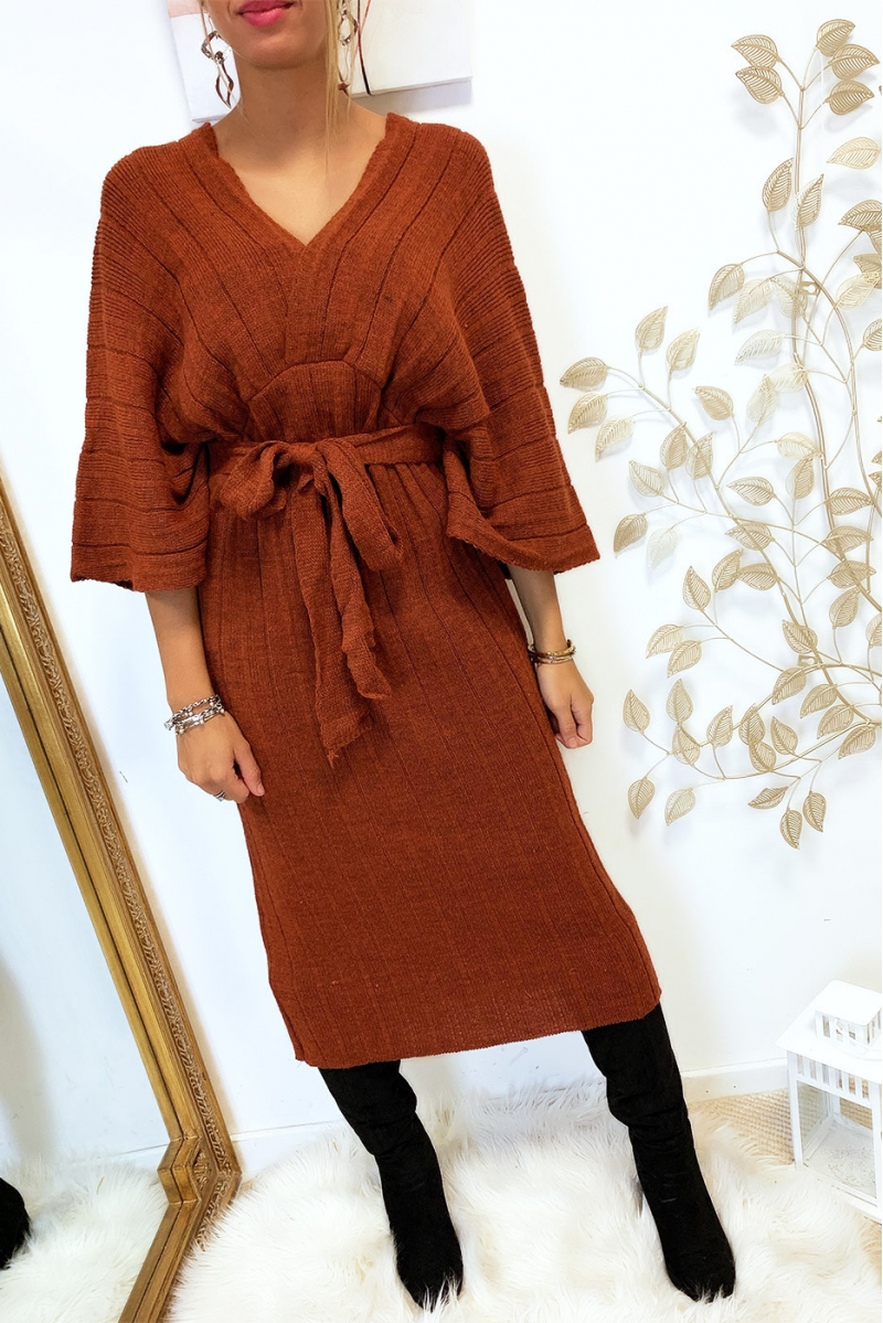 Magnifique robe kimono en maille plissé cognac