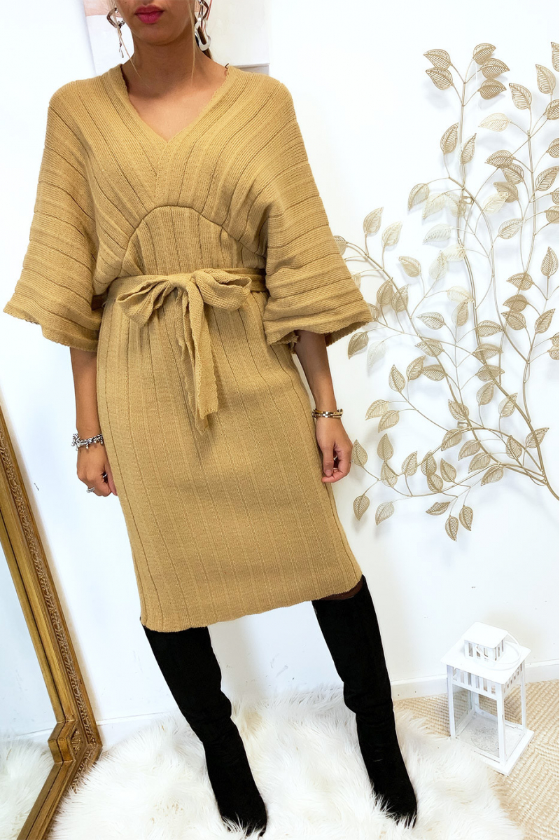 Magnifique robe kimono en maille plissé camel