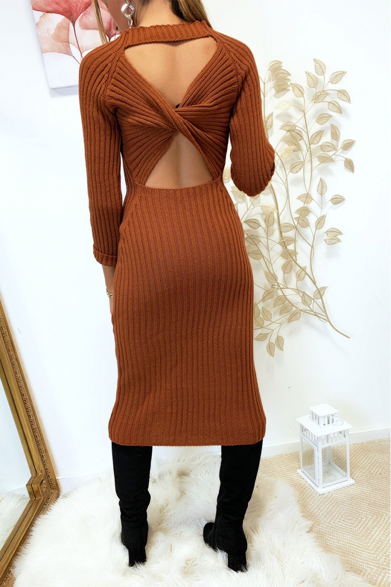 Longue robe pull cognac croisé au dos Longue robe pull cognac croisé au dos