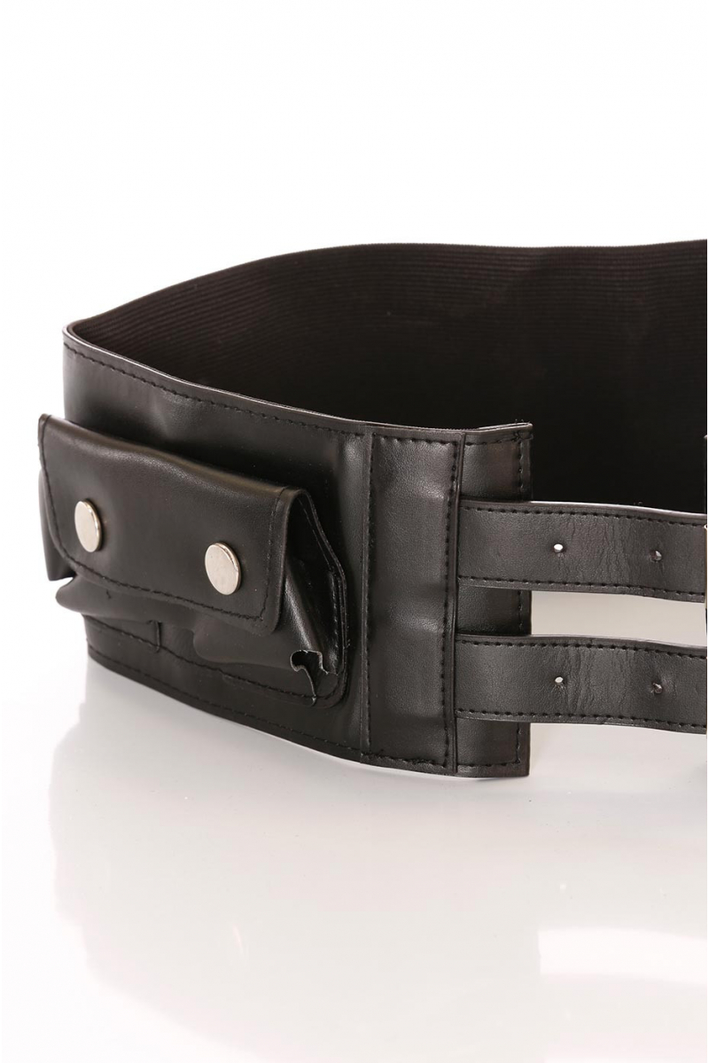 Wide black belt, double buckle and accessory pockets. D7235 - 2