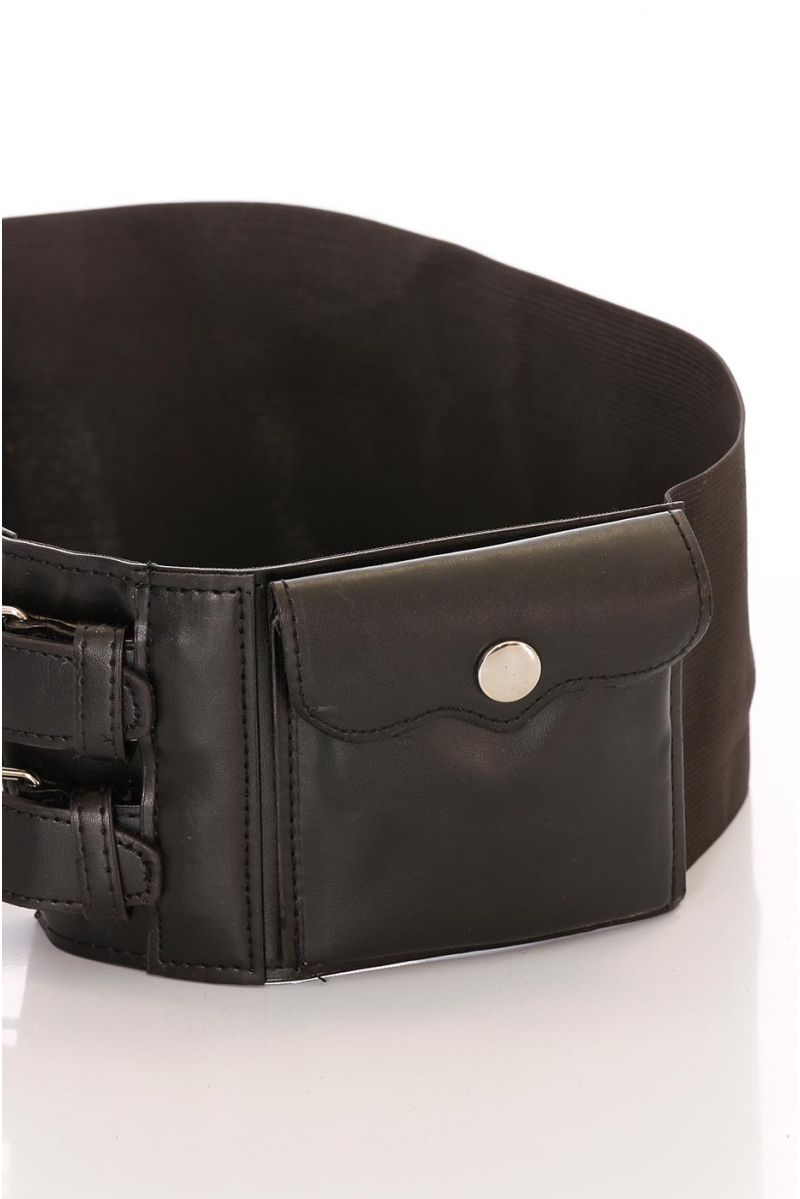 Wide black belt, double buckle and accessory pockets. D7235 - 3