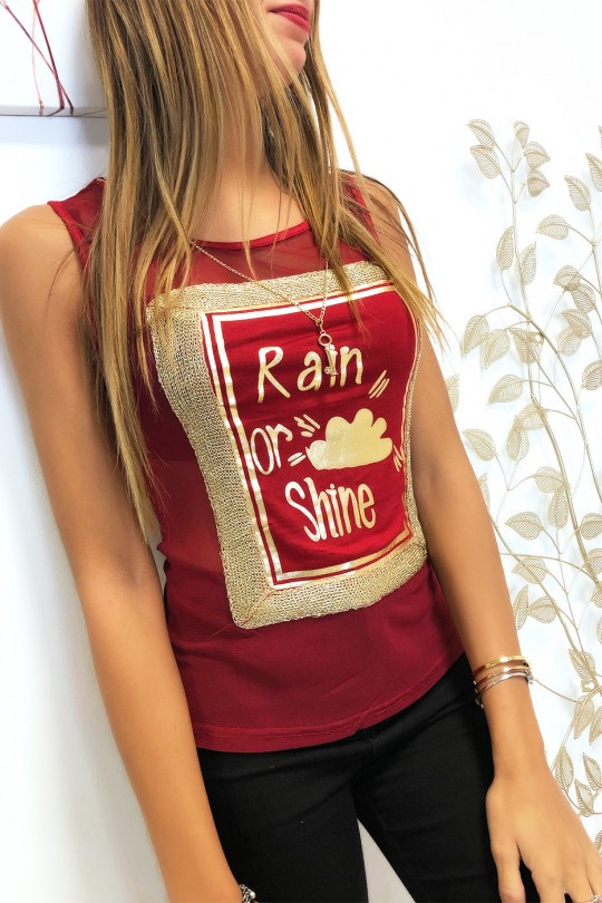 Burgundy top with collar writing and gold embroidery on the front. F 2598 - 2