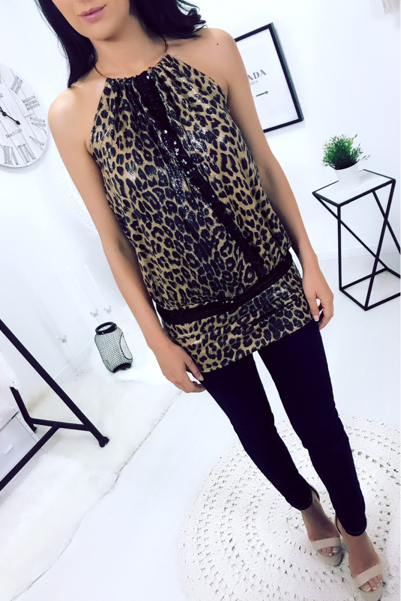 Haut croisé motif léopard brillant en camel 28365 - 9