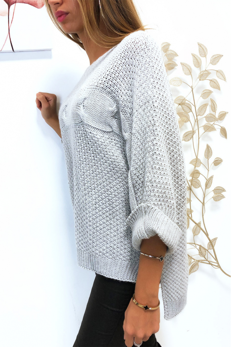 Mooie grijze sweater met vleermuis uitgesneden 3/4 mouw met split en lang aan de achterkant