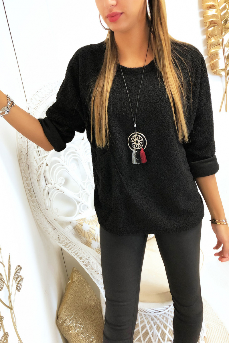 Mooie losse zwarte sweater van pluche materiaal met zakje en kraag Mooie losse zwarte sweater van pluche materiaal met zakje en kraag