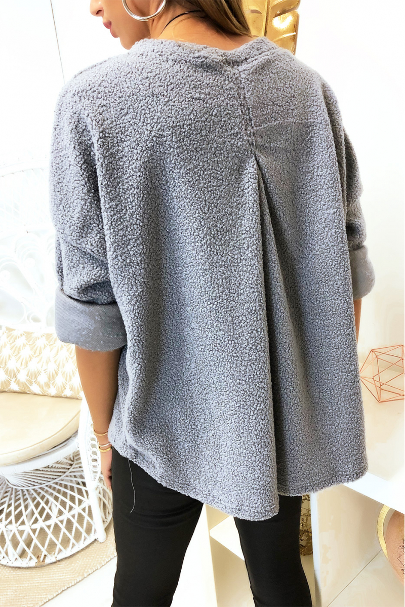 Mooie losse grijze sweater van pluche materiaal met zakje en kraagje